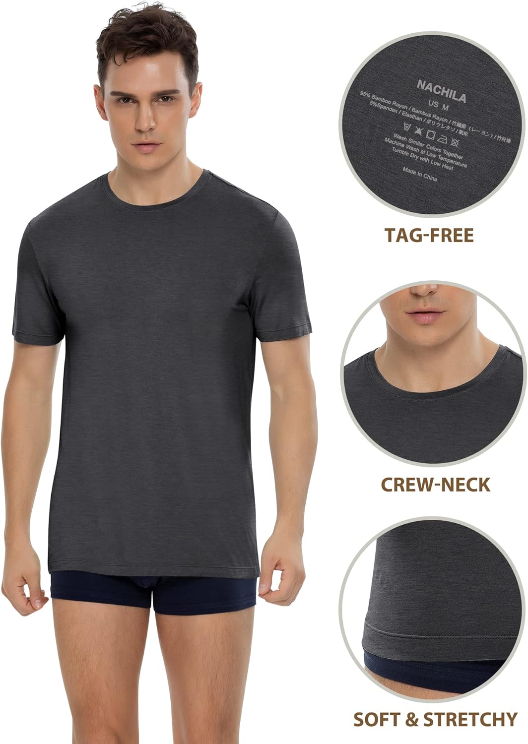 NACHILA Undershirts for Men- Viscose Made from Bamboo, 3 Pack Short Sleeve Tees Soft T-Shirts Comfy Loungewear Top - Image 2