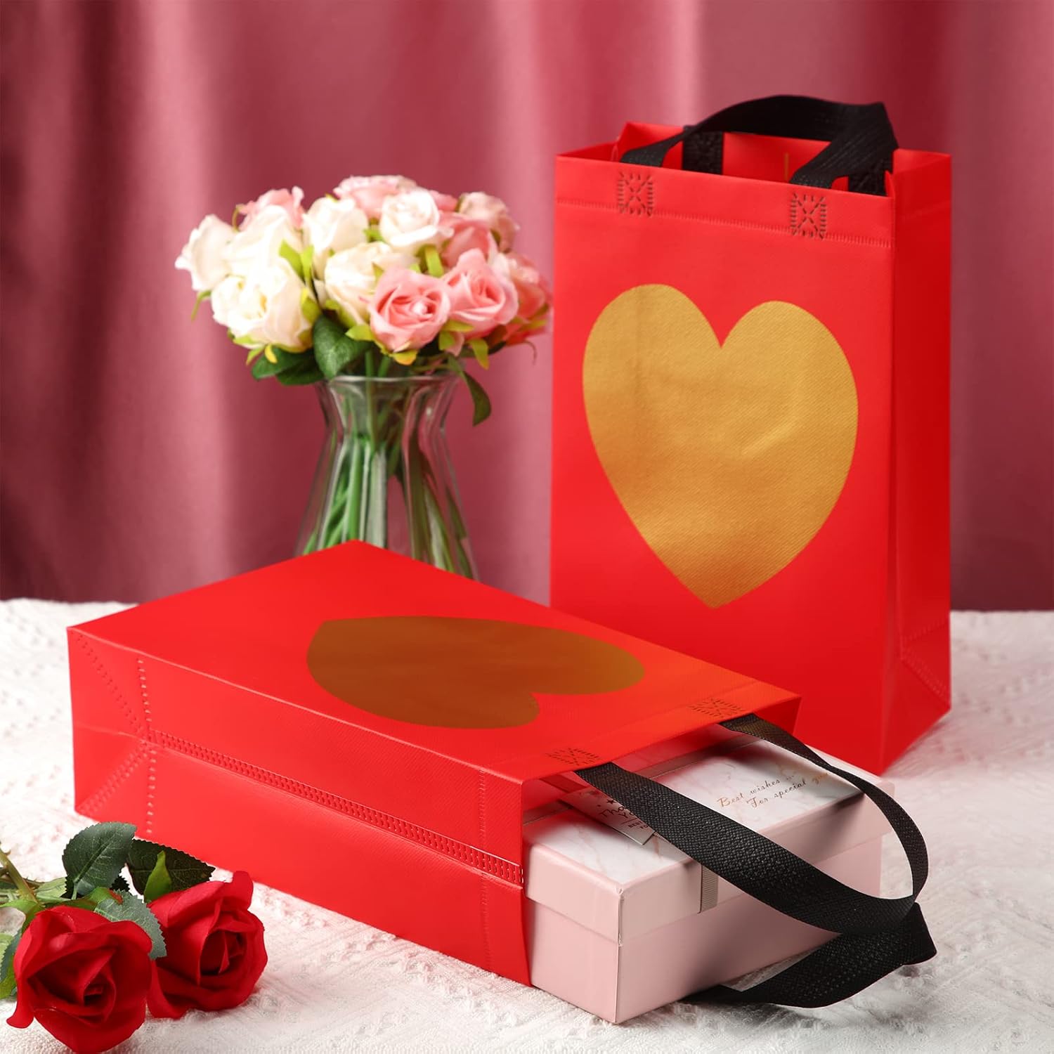 Bokon 24 Pack Valentine's Day Gift Bags Reusable Heart Gift Bags with Handles 8 x 12 x 4 Inch Woven Grocery Shopping for Wedding Birthdays Bridal Showers Engagements Anniversaries(Red) - Image 4