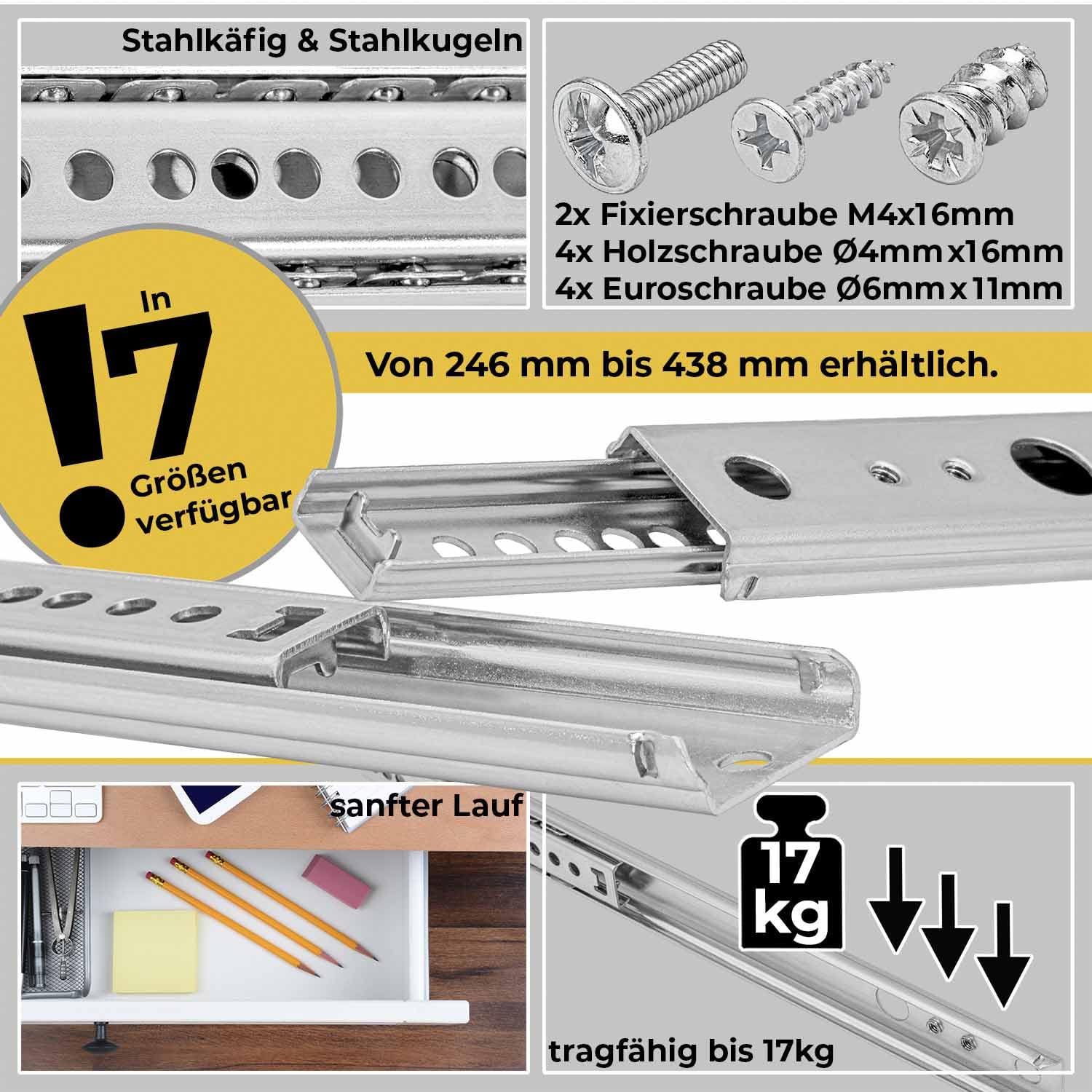 Neuhall Drawer Runner 27 mm Steel Slides for 278 mm Drawers - Ball Rail System, Extension Available, Includes Screw Set - Image 2