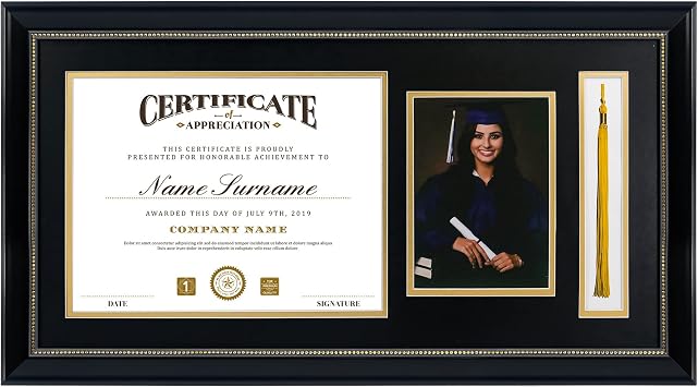 Diploma Frame with Tassel Holder and Picture, Black with Gold Beading