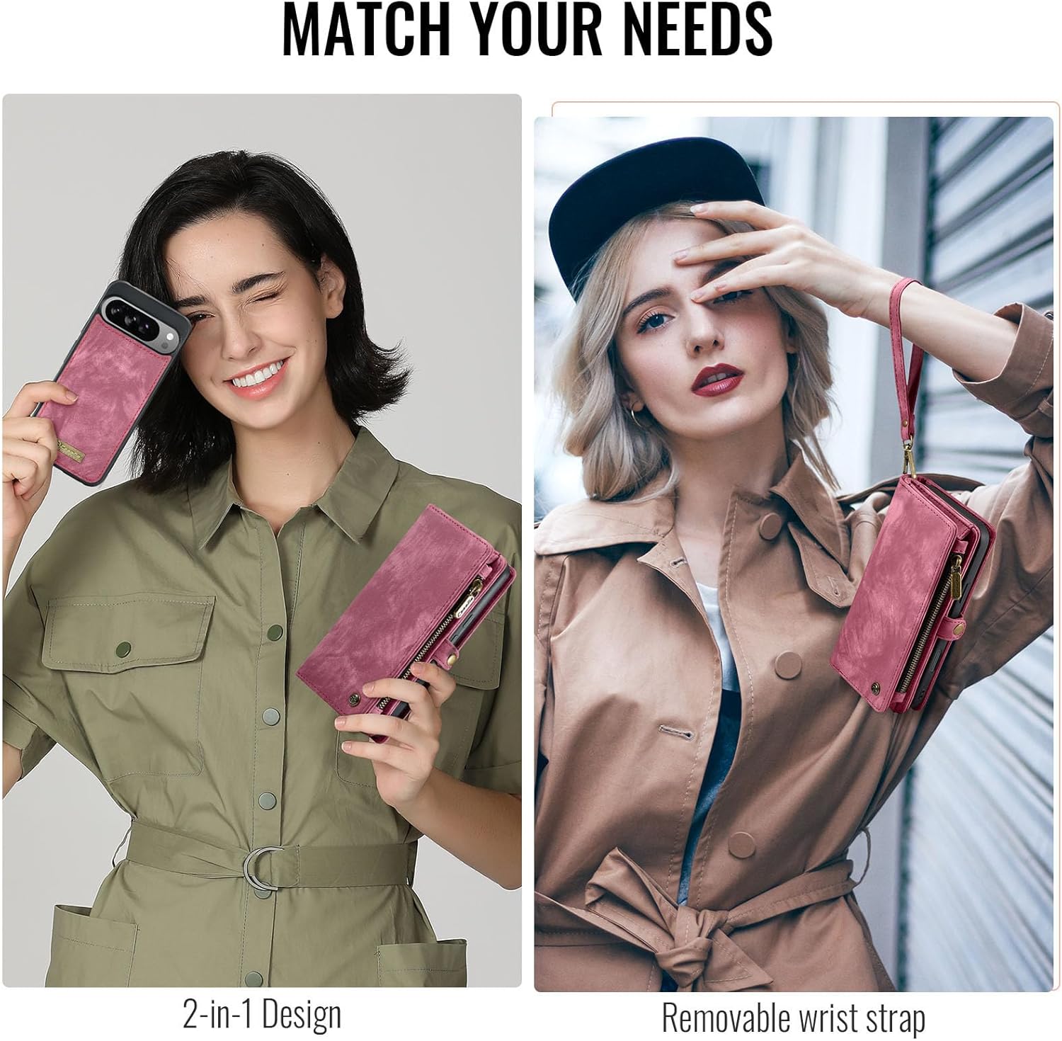 Kowauri for Google Pixel 10 Pro XL Case, Zipper Purse Folio Leather Wallet for Women Men with Card Holder Wrist Strap, Detachable Magnetic Shockproof Protective Back Case for Pixel 10 Pro XL, Red