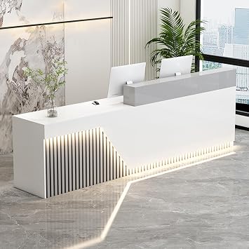 Solid Wood Front Desk Reception Counter, Reception Desk with Counter, Retail Checkout with Lockable Drawer, LED Light, Cable Grommet, Left-Light Gray, 63