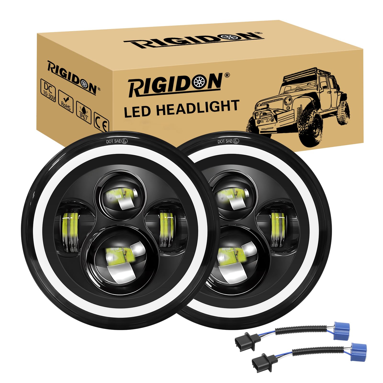 Amazon | RIGIDON 2x 7インチ丸型LEDヘッドライト 50W ハイ/ロービーム