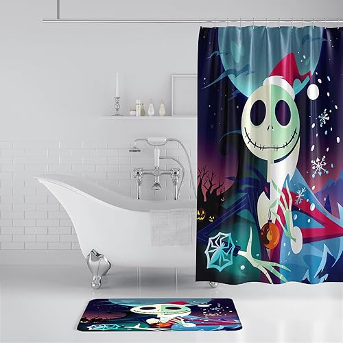 Miniatura 5 de NIGHTMARE BEFORE CHRISTMAS Juego de 4 cortinas de ducha de baño con alfombras, diseño de dibujos animados de Jack Skellington y Sally, juego de
