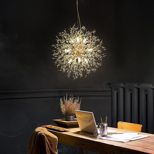 Miniatura 10 de CM MZY Candelabros de cristal modernos de fuegos artificiales, 9 luces de diente de león negro Sputnik, lámpara colgante Sputnik para dormitorio,