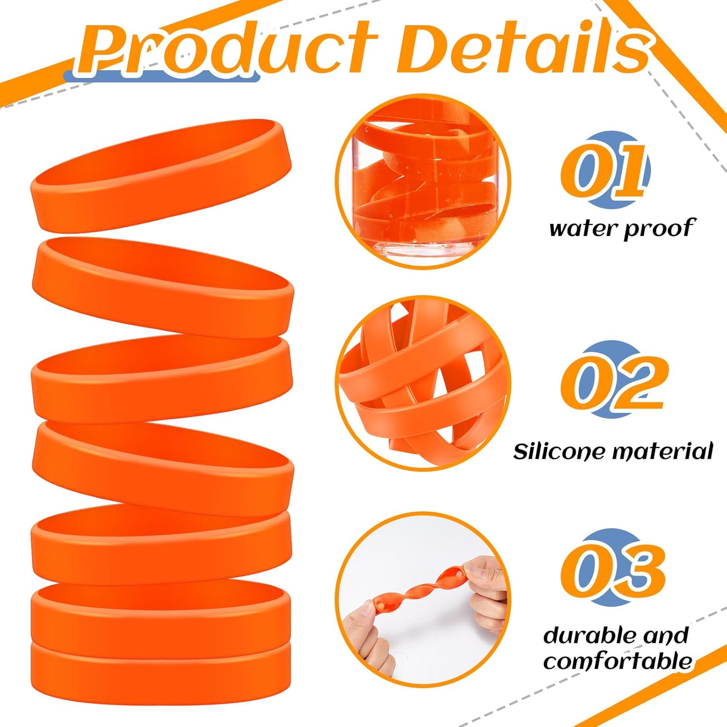 Liliful 200 Piece Rubber Bracelets Bulk, Solid Color Silicone Wristbands Blank Rubber Bracelets Elastic Silicone Wristband for Women Men, Events, Party Decor(8 x 0.5 Inch,Orange) - Image 4
