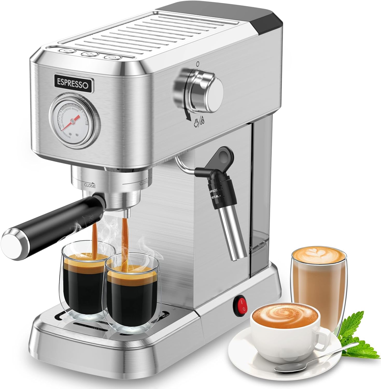 Pokk Espresso Machine 20 Bar, Professional Espresso Maker with Milk Frother Steam Wand, Compact Stainless Steel Espresso Coffee Machine with 50oz Removable Water Tank, Cappuccino and Latte Silver