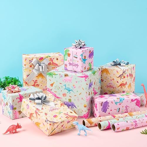 Miniatura 5 de WERNNSAI Rollos de papel de regalo de dinosaurios navideños  3 rollos de papel de regalo de dinosaurio rosa de 17 x 120 pulgadas, rollos de papel de