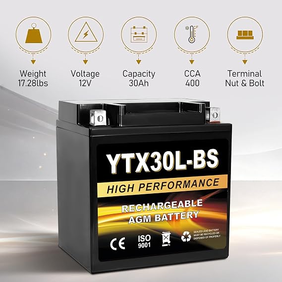 YTX30L-BS 12V 30Ah AGM Sealed Motorcycle Battery, Maintenance-Free, Compatible with ETX30L-BS Harley Davidson, Polaris Sportsman, ATV UTV Snowmobile