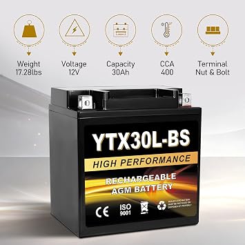 YTX30L-BS 12V 30Ah AGM Sealed Motorcycle Battery, Maintenance-Free, Compatible with ETX30L-BS Harley Davidson, Polaris Sportsman, ATV UTV Snowmobile