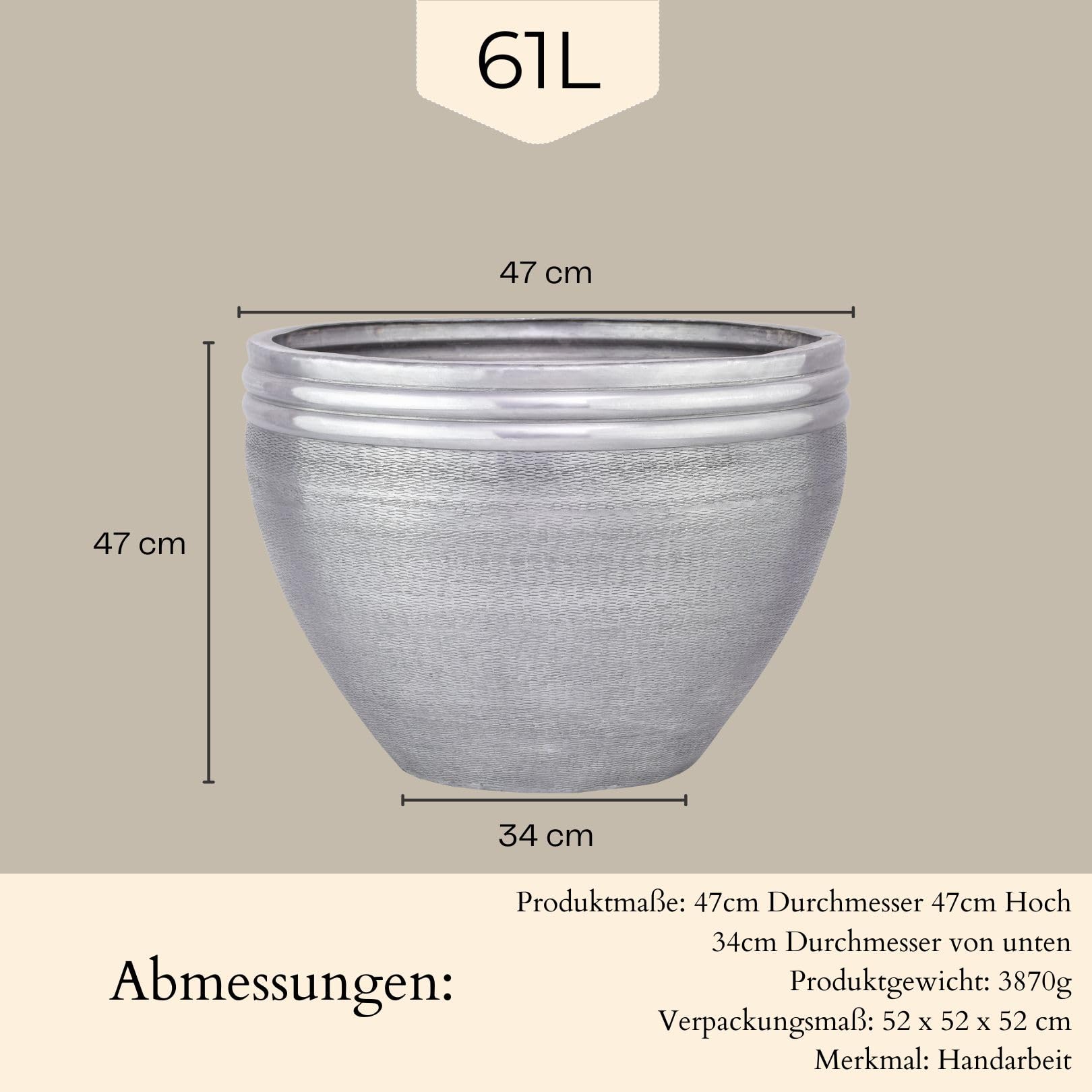 Marrakesch XXL Aluminiowa donica na kwiaty, Ø 47 cm, srebrna matowa, 61 l, duża, okrągła, do użytku na zewnątrz, do wnętrz, do ogrodu, na balkon i do salonu