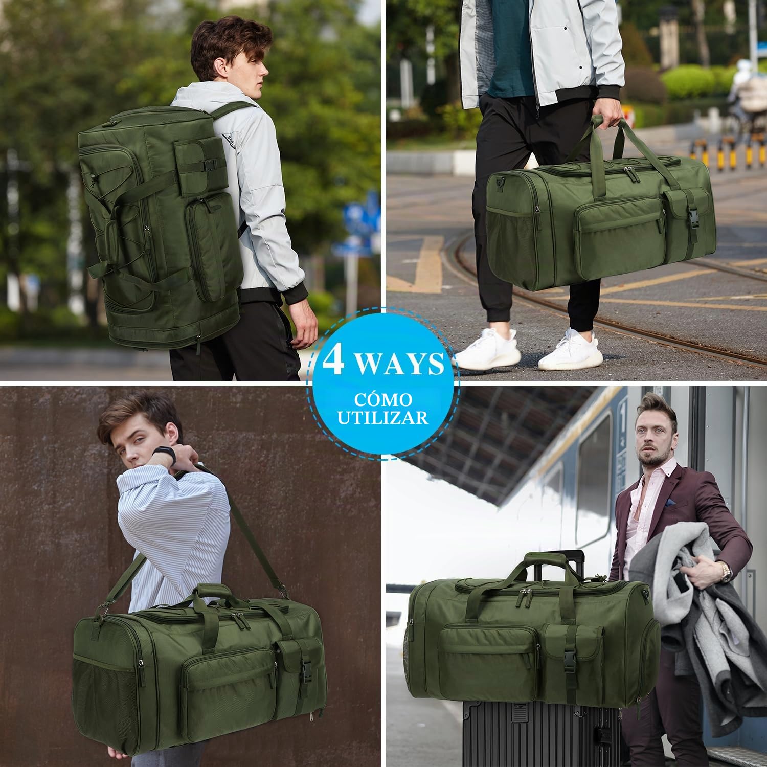 Mochila Deportiva para Hombre Mujer 70L Grande Pesada Mochilas de Viaje con Compartimento para Zapatos, verde, 61 x 34.3 x 33 cm