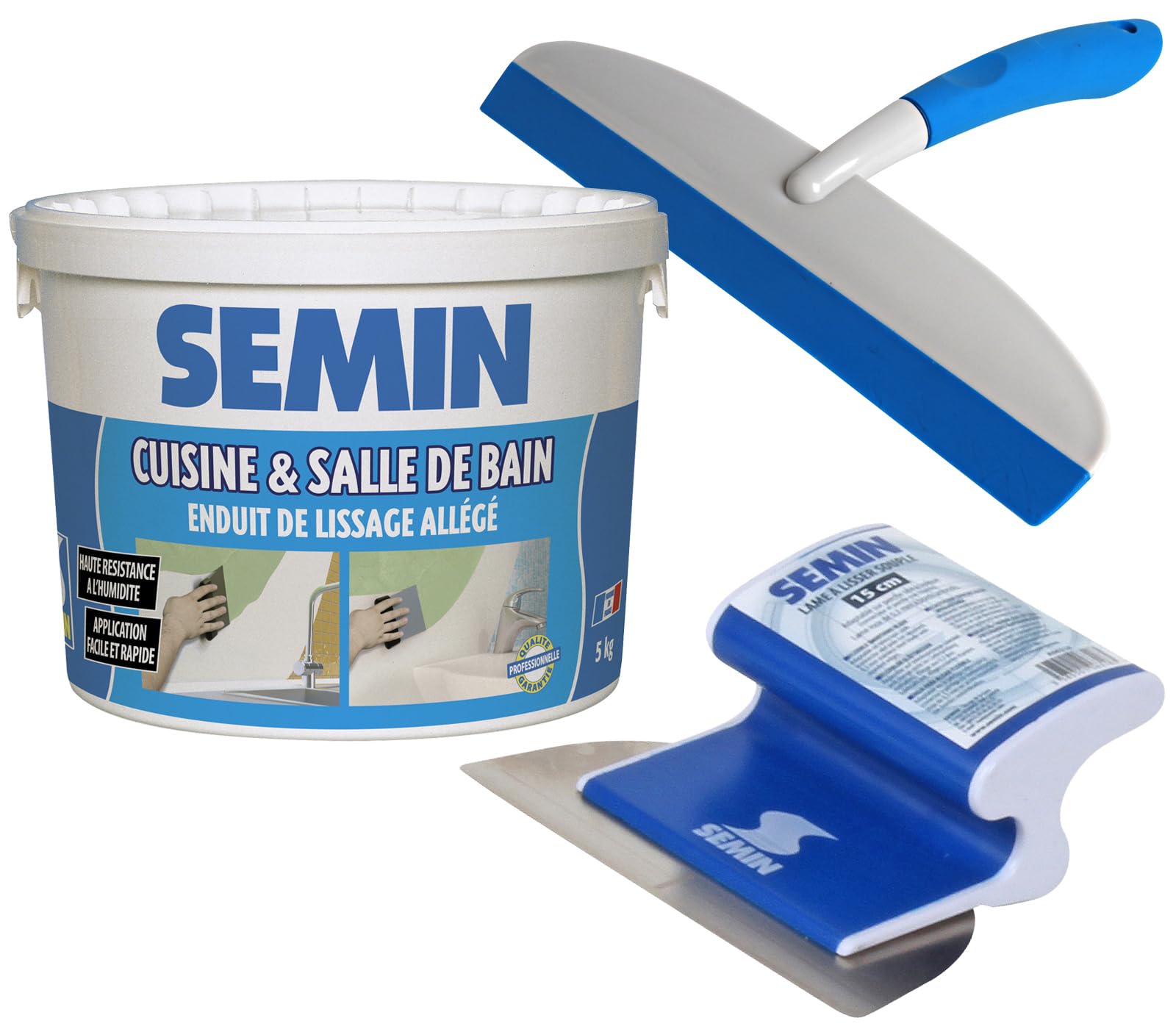 Semin A04736 Enduit de Lissage Cuisine et Salle de Bains, Adapté aux Pièces Humides, Seau de 5 kg, A06318 Lame CE 78 pour Enduire et Lisser, 15 cm et A04903 Raclette à Lisser