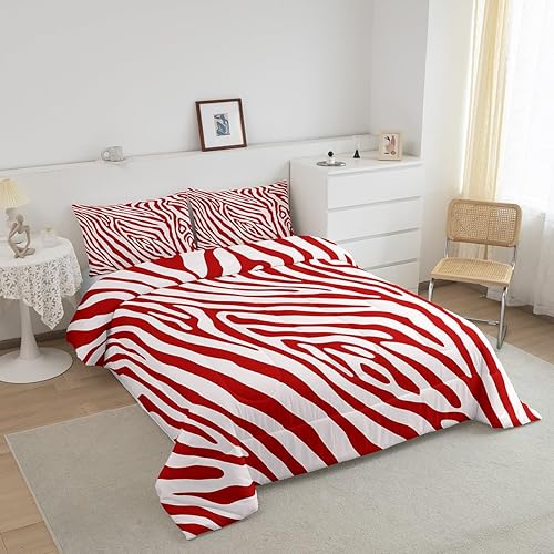Miniatura 3 de Castle Fairy Juego de edredón de rayas de cebra, edredón con estampado de piel de animal rojo y blanco para adolescentes, mujeres y adultos, juego