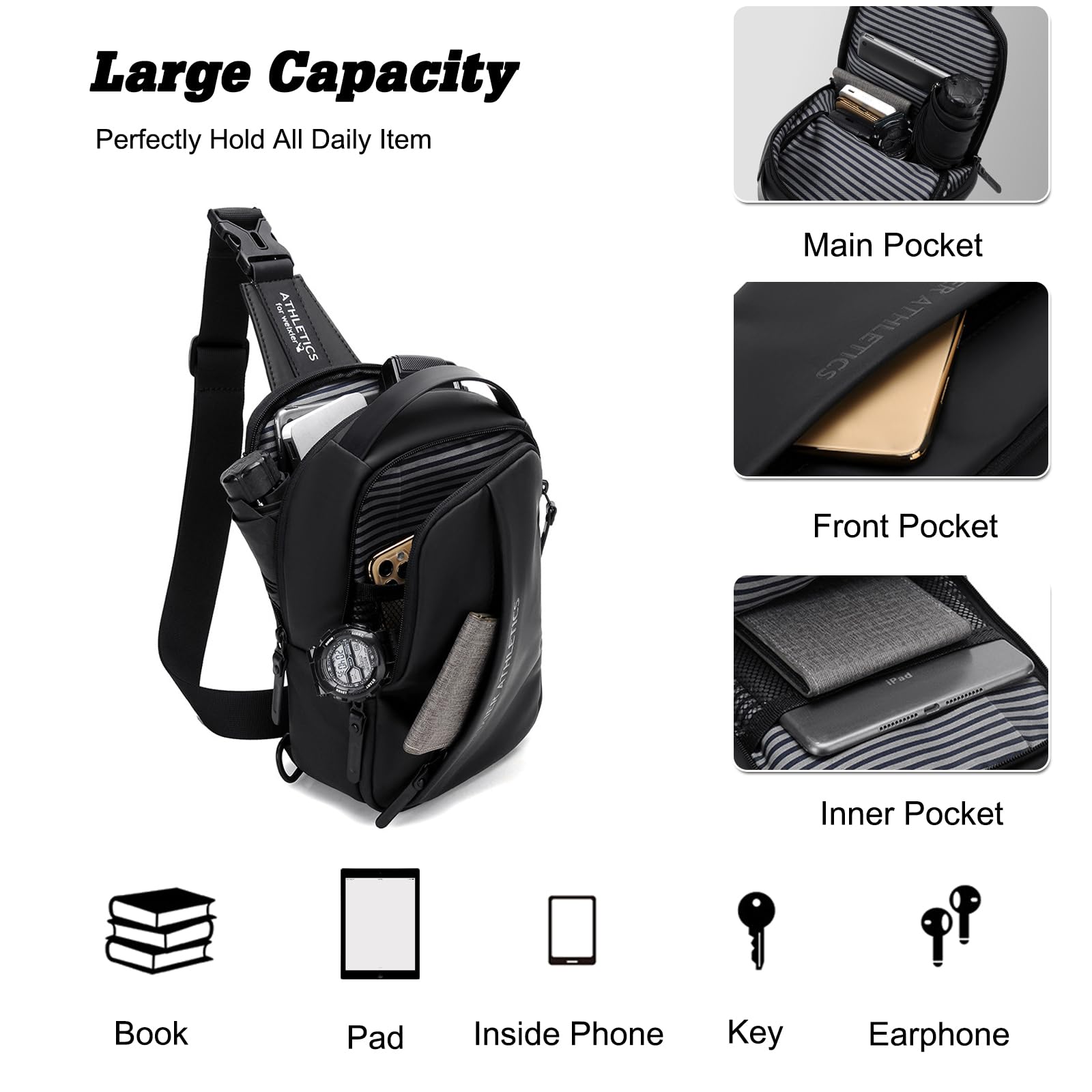 FANDARE Bandolera Hombre Bolsa Cruzada con Puerto de Carga USB Nailon Negro