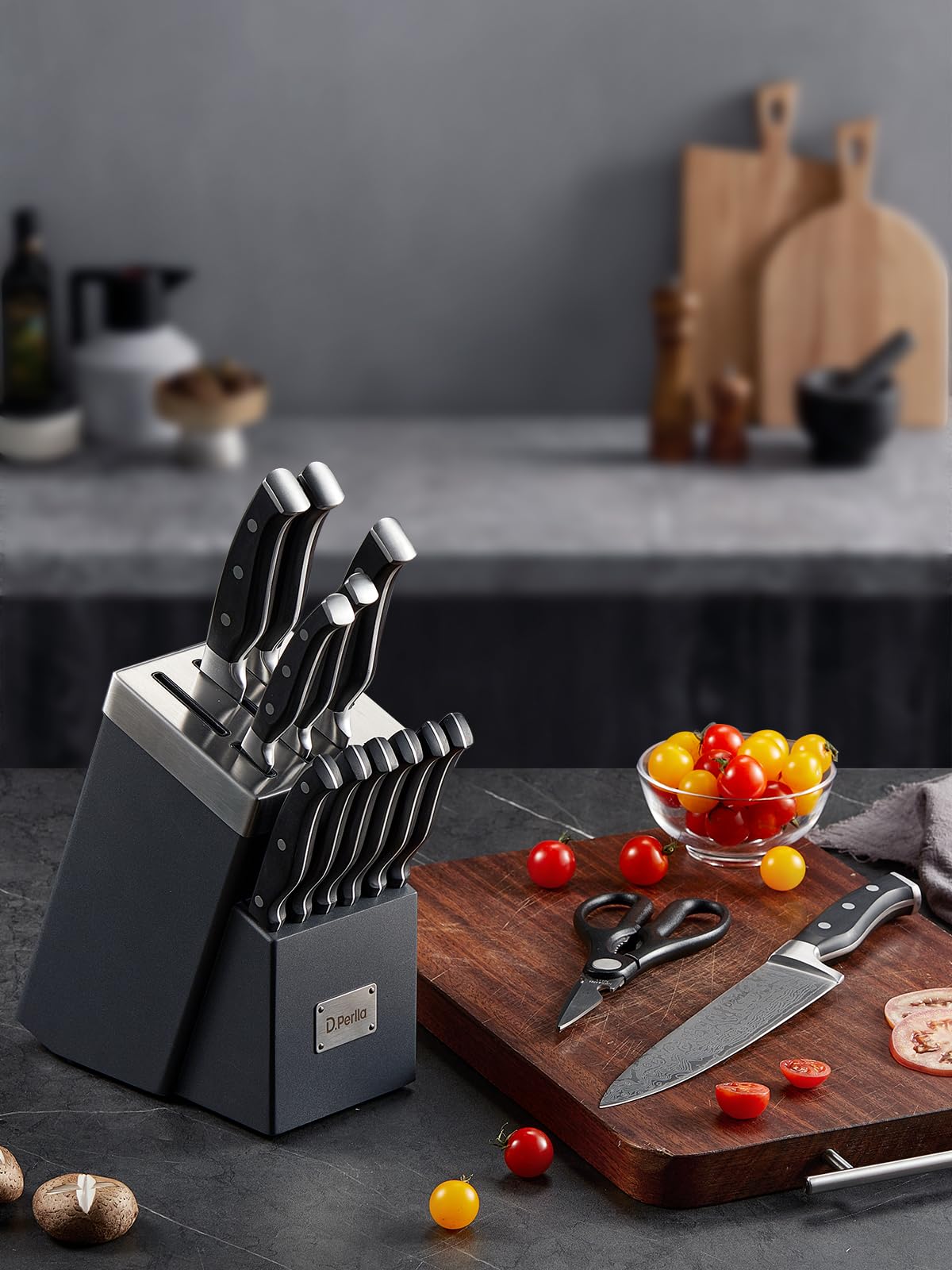 D.Perlla Couteau Cuisine, 14 Pièces Bloc de Couteaux avec Technologie Affûteur Intégré, Couteaux de Cuisine en Acier Inoxydable, avec Bloc Couteaux en Bois, Compris Couteaux à Steak, Couteau de Chef