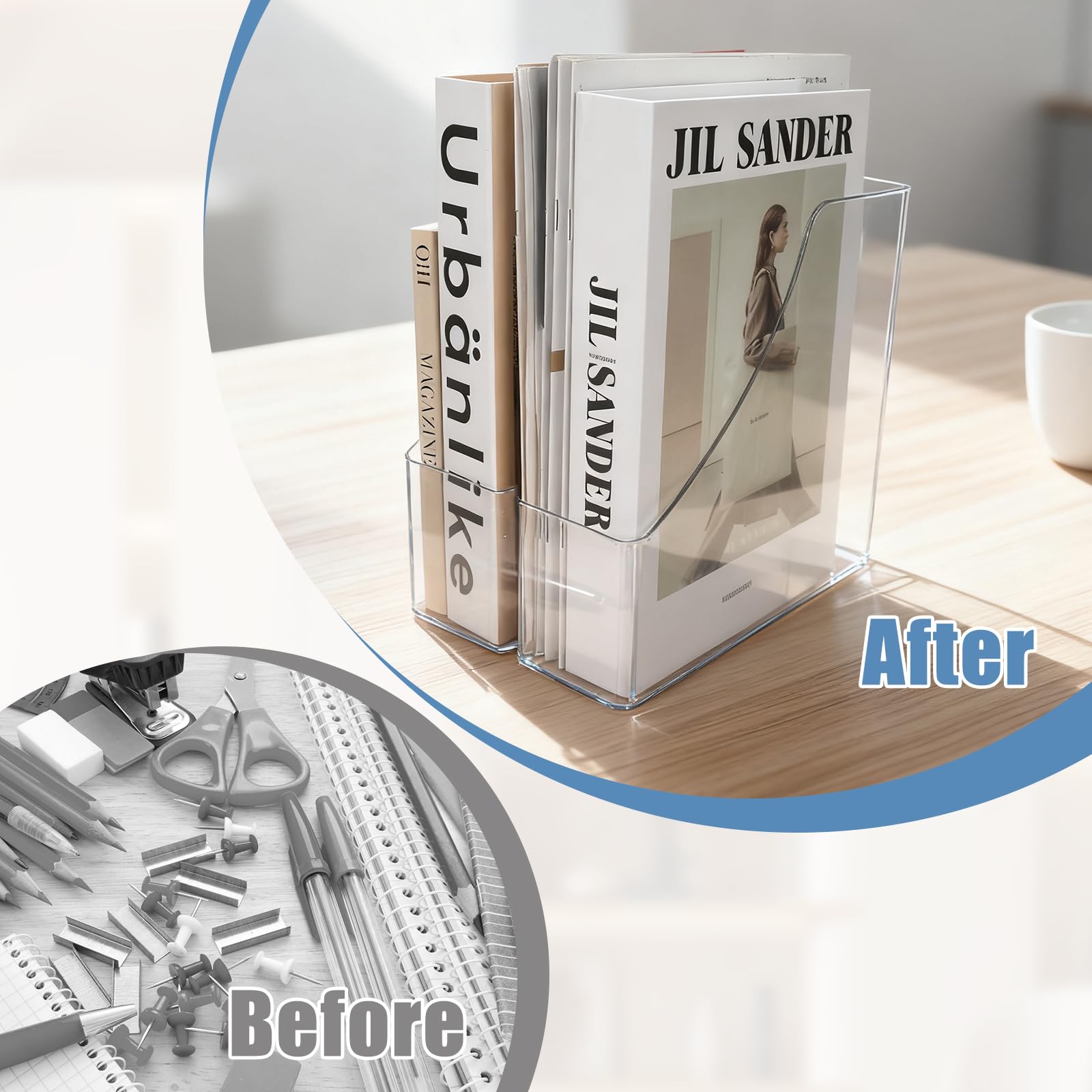 Paquete de 6 soportes para revistas acrílicos, archivadores verticales para libros, revistas, archivadores de escritorio para libros, documentos, carpetas, sobres, oficina en casa