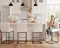 Vista 16 de HNY Taburete de bar moderno de altura de mostrador, taburete de bar tapizado de tela de lino con respaldos, taburetes de isla de cocina de 27 crema