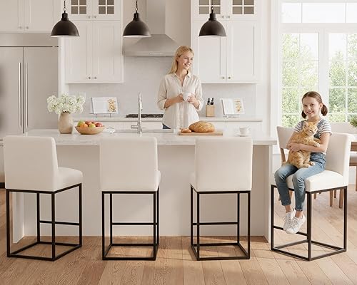 Miniatura 16 de HNY Taburete de bar moderno de altura de mostrador, taburete de bar tapizado de tela de lino con respaldos, taburetes de isla de cocina de 27 crema