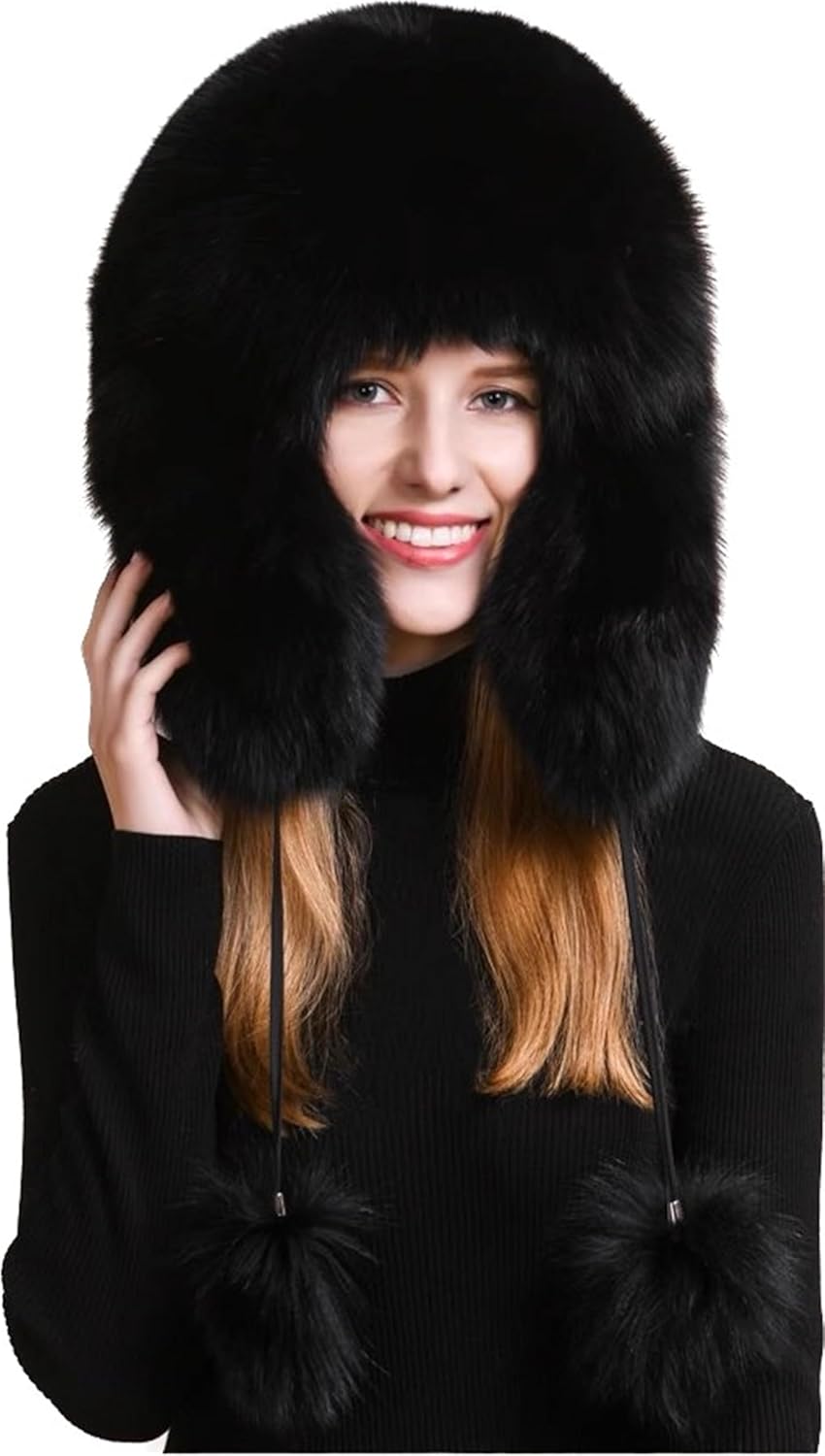 Hats- Winter Warmth Real Fox Fur Lei Feng Hat for Women Big Fluffy Raccoon Fur Ear Protector Trapper Hat