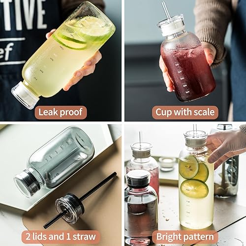 Miniatura 6 de Botella de agua de vidrio con marcador de tiempo, 15 onzas con 2 tapas y pajita, botellas de vidrio reutilizables, adecuadas para bebidas, jugos,