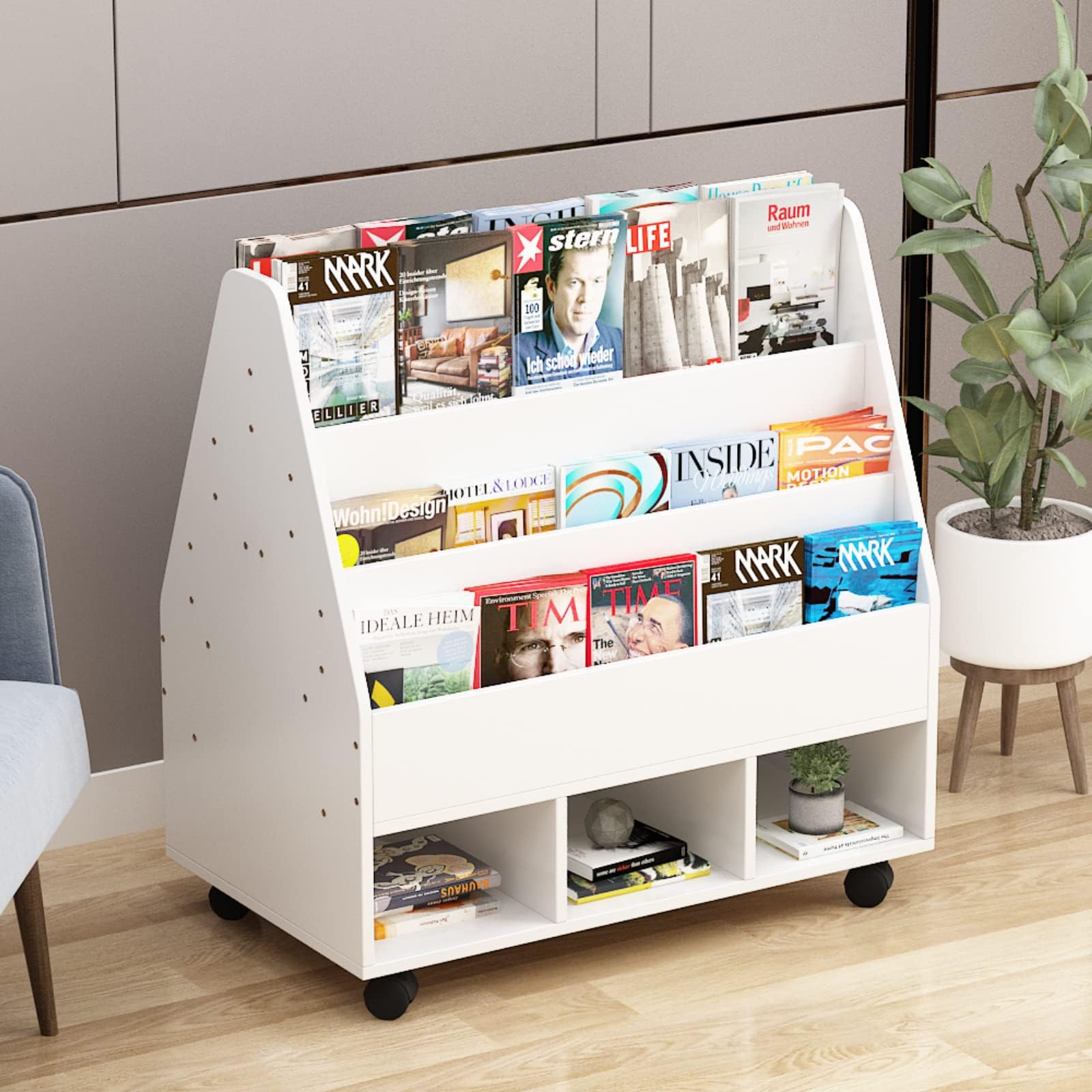 MIN WIN Double Sided Mobile Bookcase Display Stand,4-Shelf Wood Open Book Shelf with 3 Cube Units, Sling Storage Bookshelf Wide Magazine Shelf for Offices, Library,Schools,White