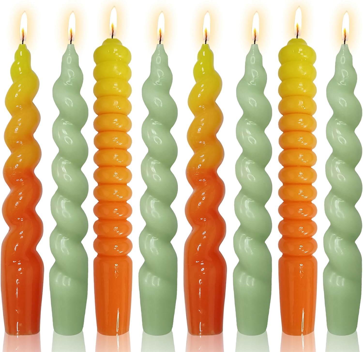 8pcs Green Spiral Candle Handmade Tapered Candles - Orange Colored Candlesticks Short Taper Candles Colorful Twisted Candle for Table Decor Dinner Women Gift Idea