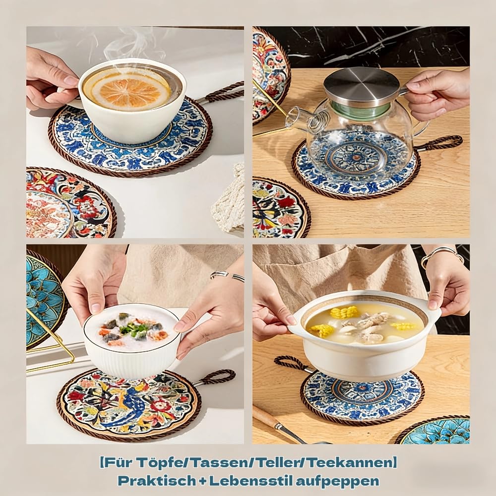 Ścierki do garnków w stylu vintage z płytą ceramiczną (Ø 17 cm, zestaw 4-częściowy) – ochrona przed wysoką temperaturą i antypoślizgowe, wielofunkcyjne podkładki pod garnki, kubki, talerze i