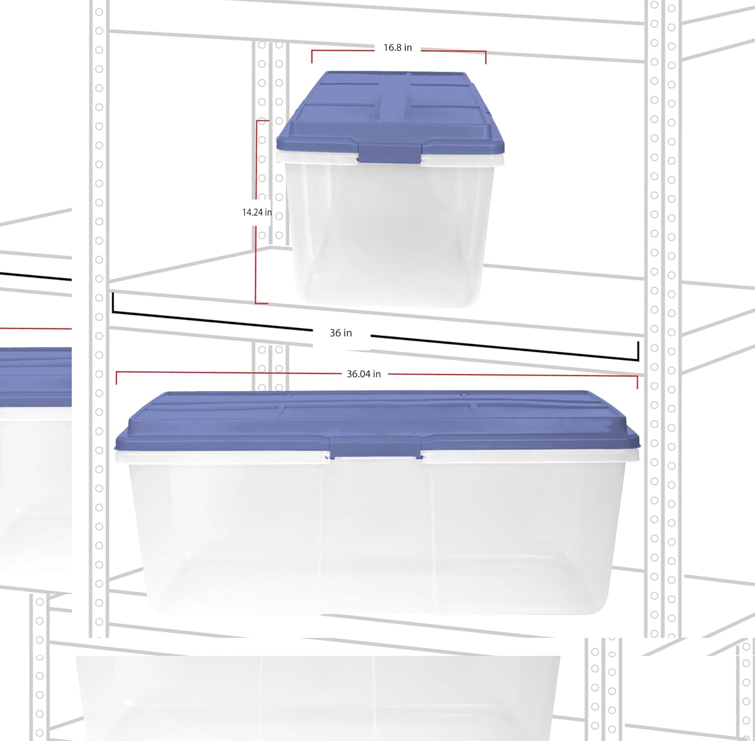 113 Qt Clear Stackable Latching Storage Bin with Smoke Blue Lid,Large Storage Bins With Lids, 36x16.8x14.2 Inches for Home & Garage Organization