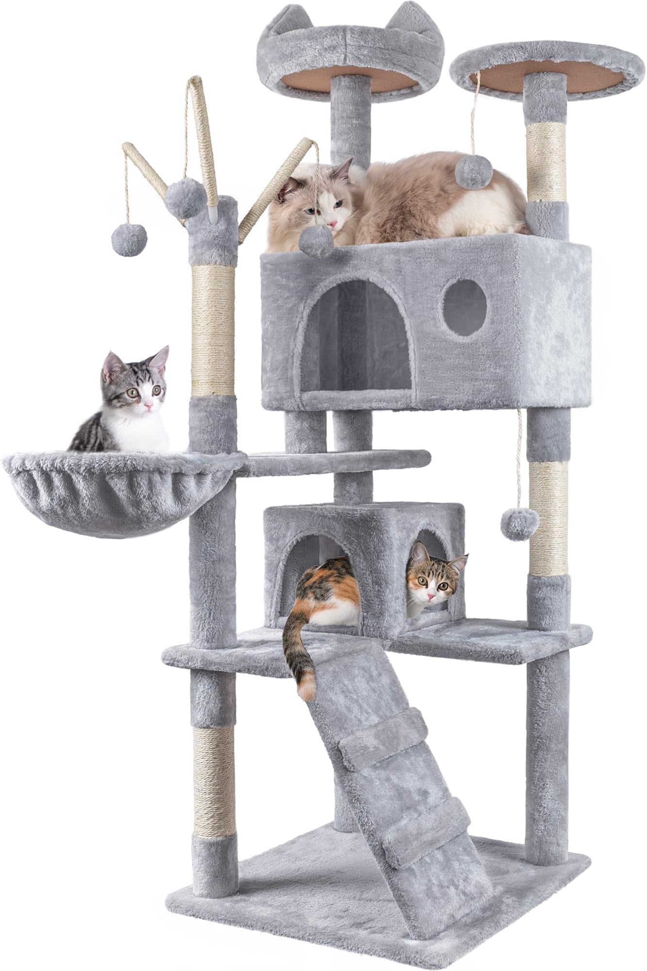 HOMIDEC Cat Tree,151cm Cat Tower for Indoor Kitty,Scratching Post Stable Activity Centre Climbing Tree with 4 Sisal Posts,3 cat teasing sticks,2 Kitty Houses,Hammock,Ladder,and Rest Place.Grey