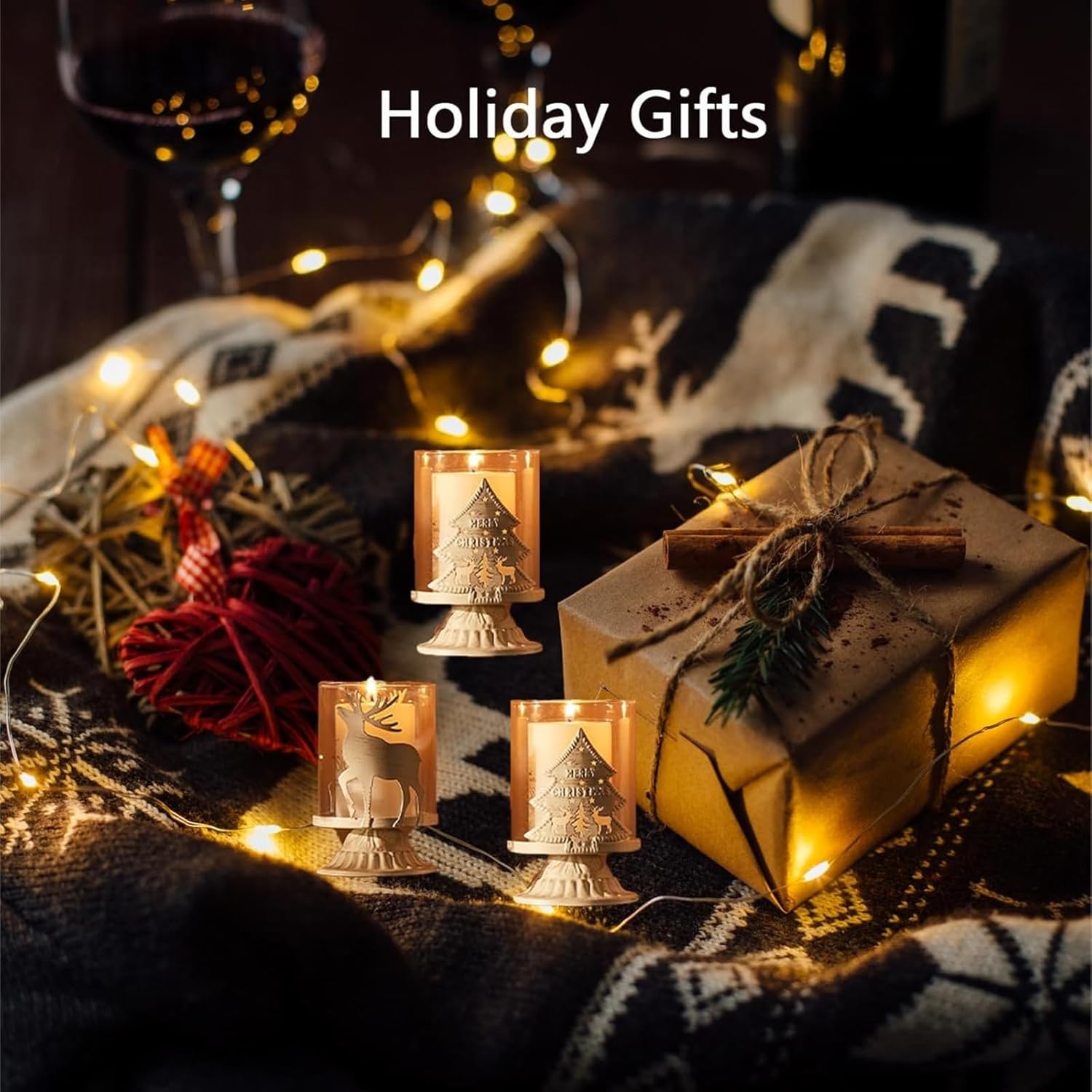 2 Pcs Christmas Candle Holders with Glass Cover, Reindeer & Christmas Tree Metal Pillar Candle Lanterns for Table, Mantel & Holiday Home Decorations