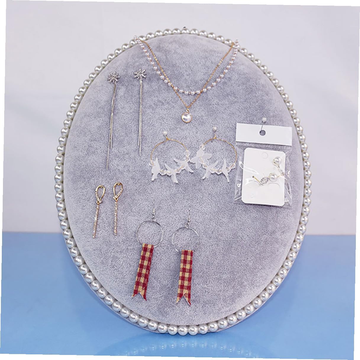 Outanaya Women’s Earring Display Rack Jewelry Organizer with Ice Gray Velvet Large Oval Panel Wall-mounted Earring Storage Holder for Home Desktop Accessory Organization