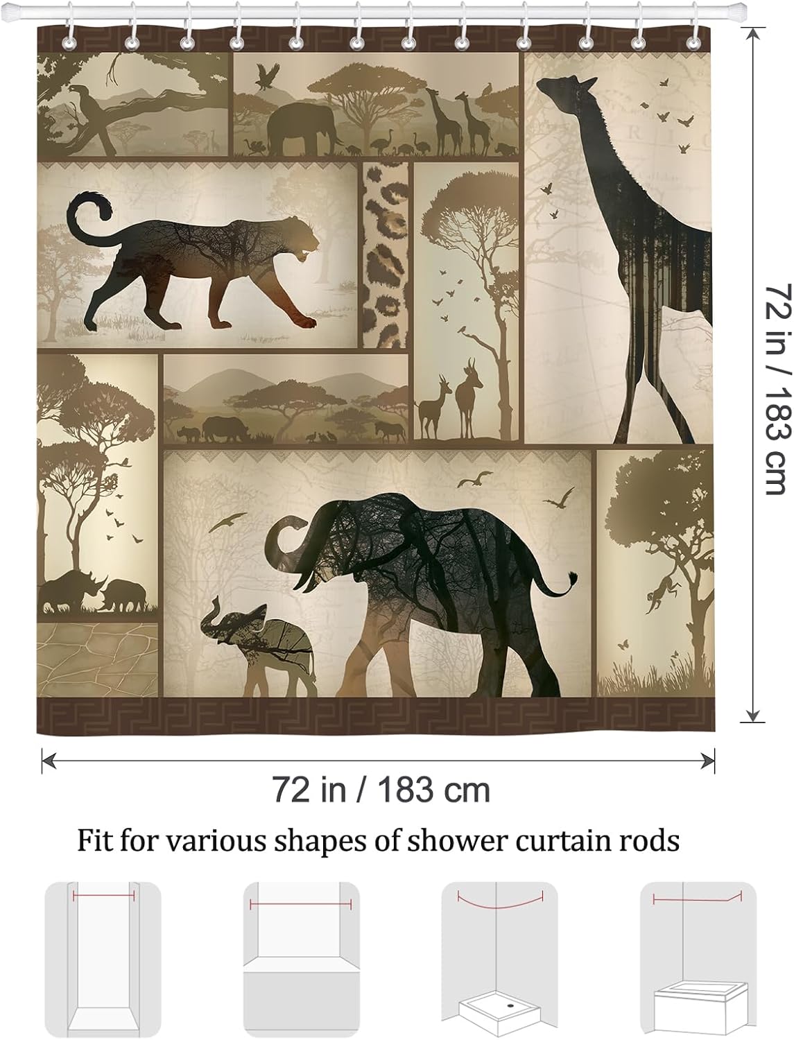 Bonhause African Safari Animal Shower Curtain, Savannah Wildlife Elephant Giraffe Leopard Rustic Bathroom Curtain 72x72 Inch Polyester Fabric Waterproof Bath Curtain with 12 Hooks