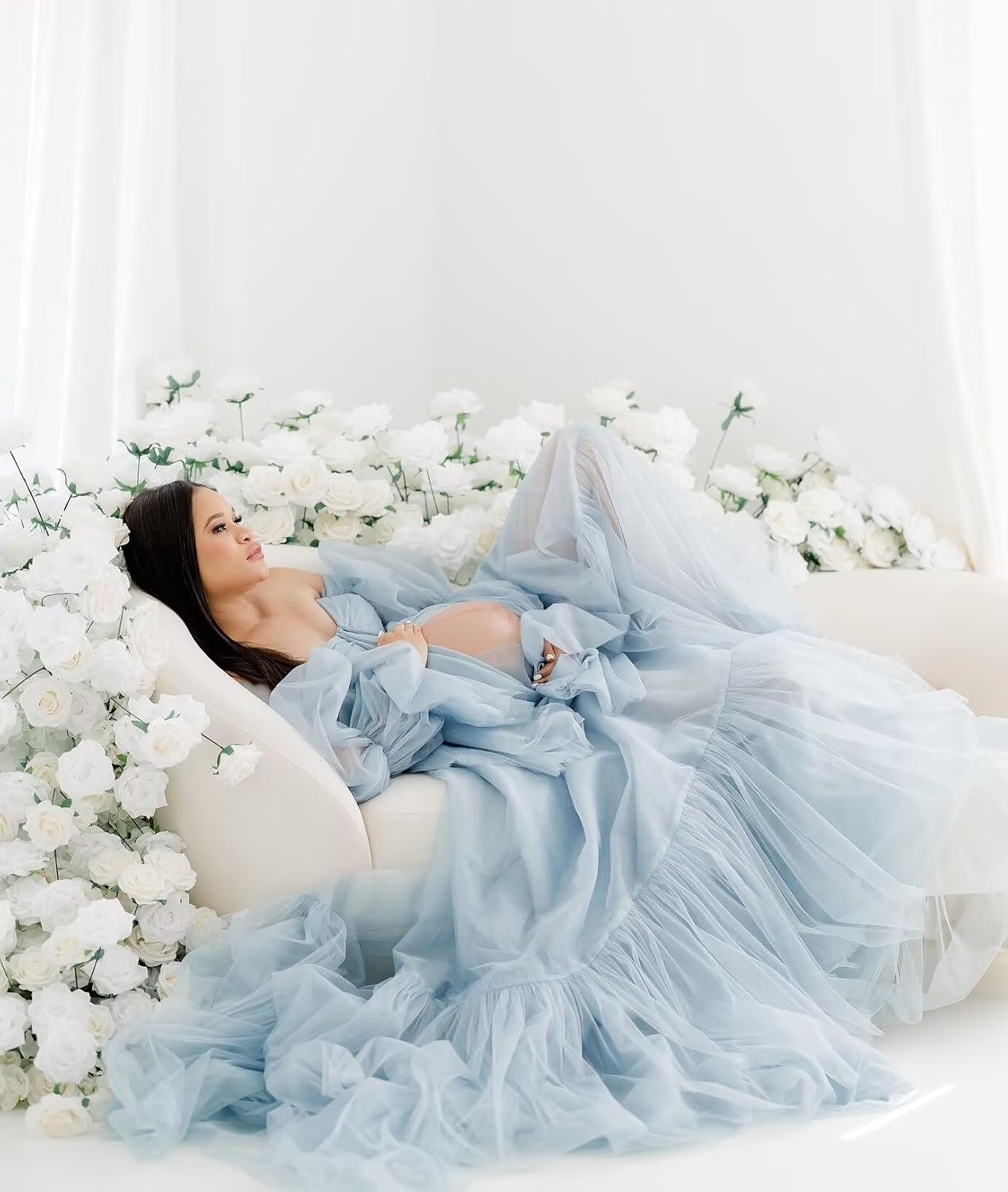 Maternity Dresses Off Shoulder Pleated Tulle Pregnancy Dress for Baby Shower Long Sleeve Robe for Photoshoot