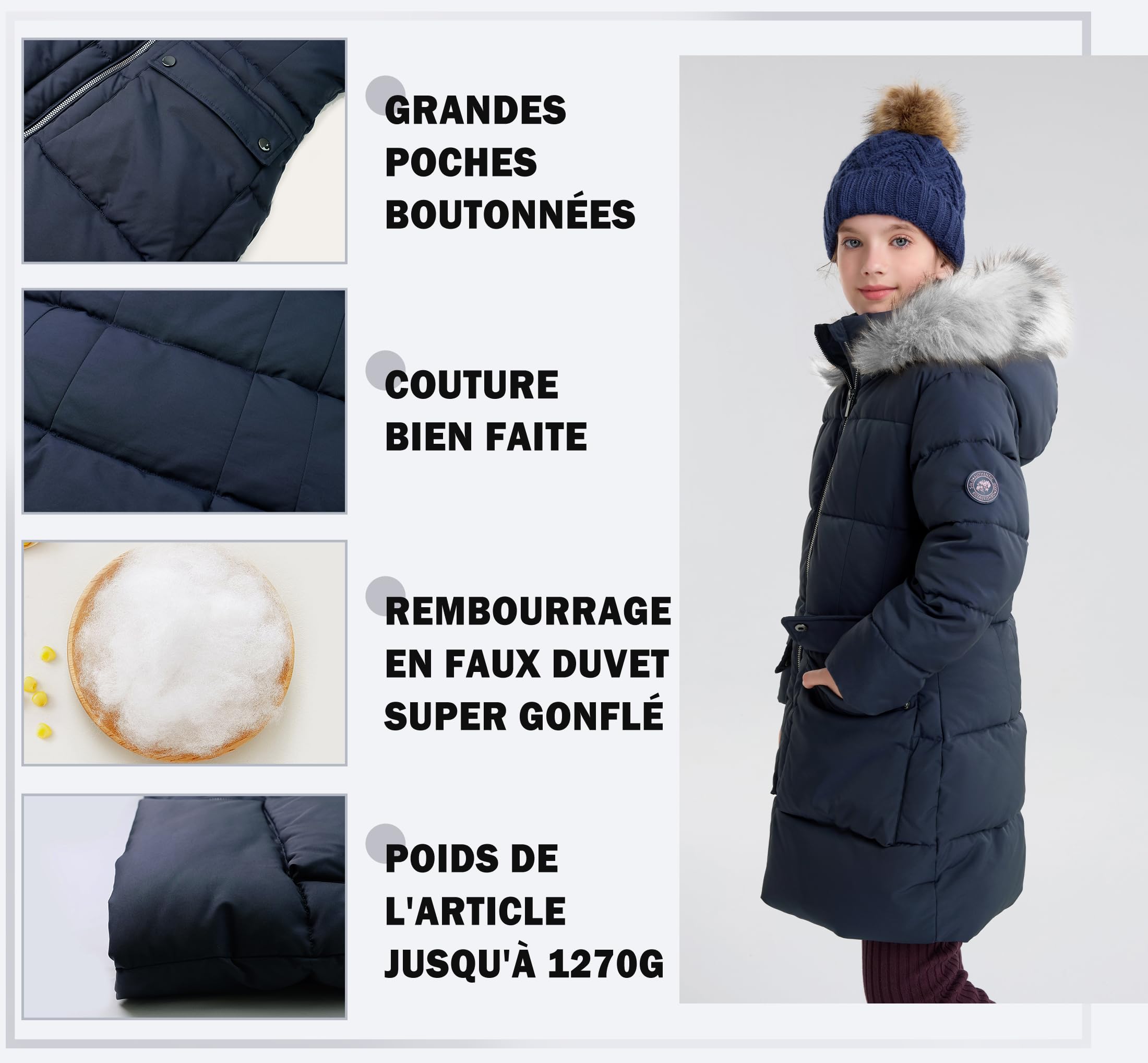 maoo garden Manteau d'hiver Bouffant pour Filles Parka de Neige Épaisse Doublure en Fourrure Duveteuse Capuche Veste Résistante à l'eau