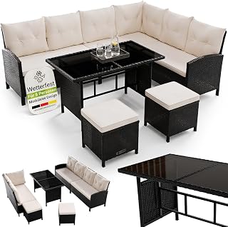 Juskys Polyrattan Lounge Manacor mit Ecksofa, Esstisch, 2 Hocker & Kissen - wetterfest bis 7 Personen - Bezüge waschbar - Rattan Garten Sitzgruppe Gartenlounge Gartenmöbel Set - Schwarz/Creme