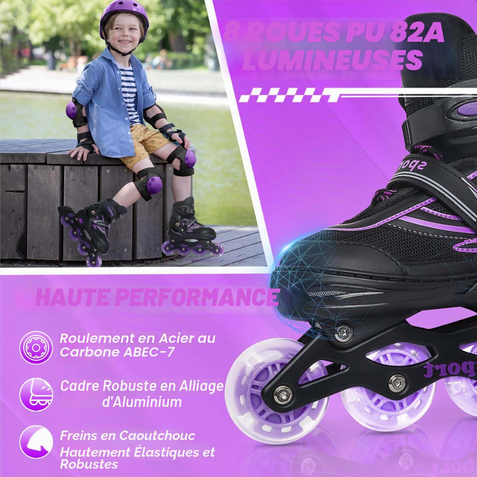 Patins à roulettes en ligne réglables pour enfants débutants, violet et bleu