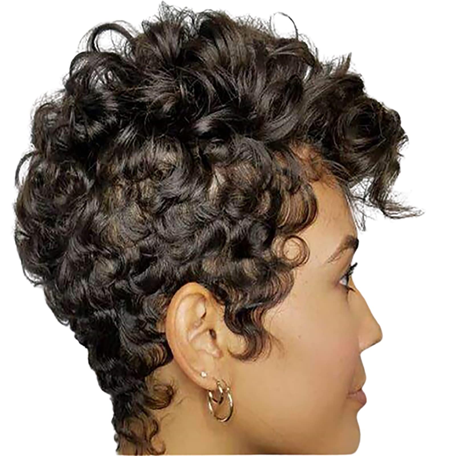 Qjwm Women's Black Short Finger Wave Pixie Cut Wavy Human Hair Wigs Water Wave Momy Wigs Natural Color For Brazilian Virgin Human Hair Curly Short Bob Wig