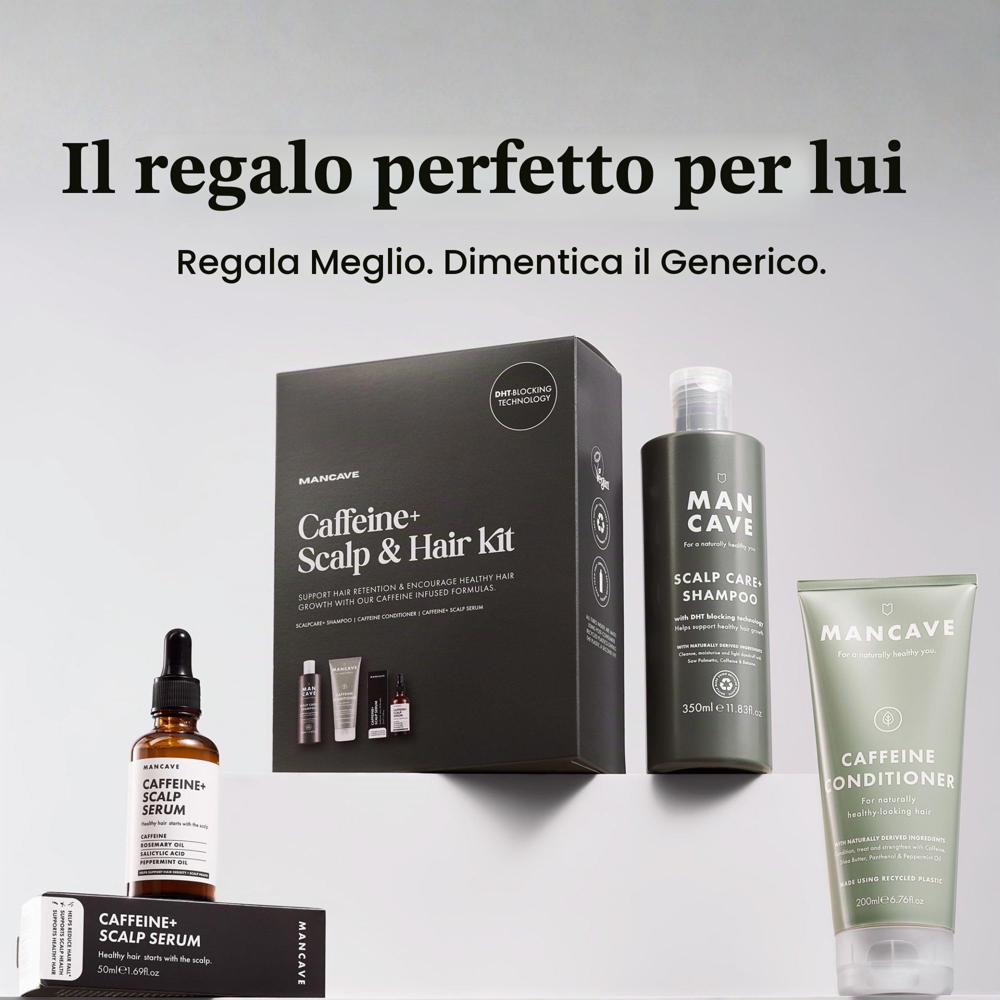 ManCave Caffeine+ Scalp & Hair Kit, kit per la cura dei capelli e del cuoio capelluto più sani, shampoo per la cura del cuoio capelluto, balsamo alla caffeina e siero per il cuoio capelluto Caffeine+