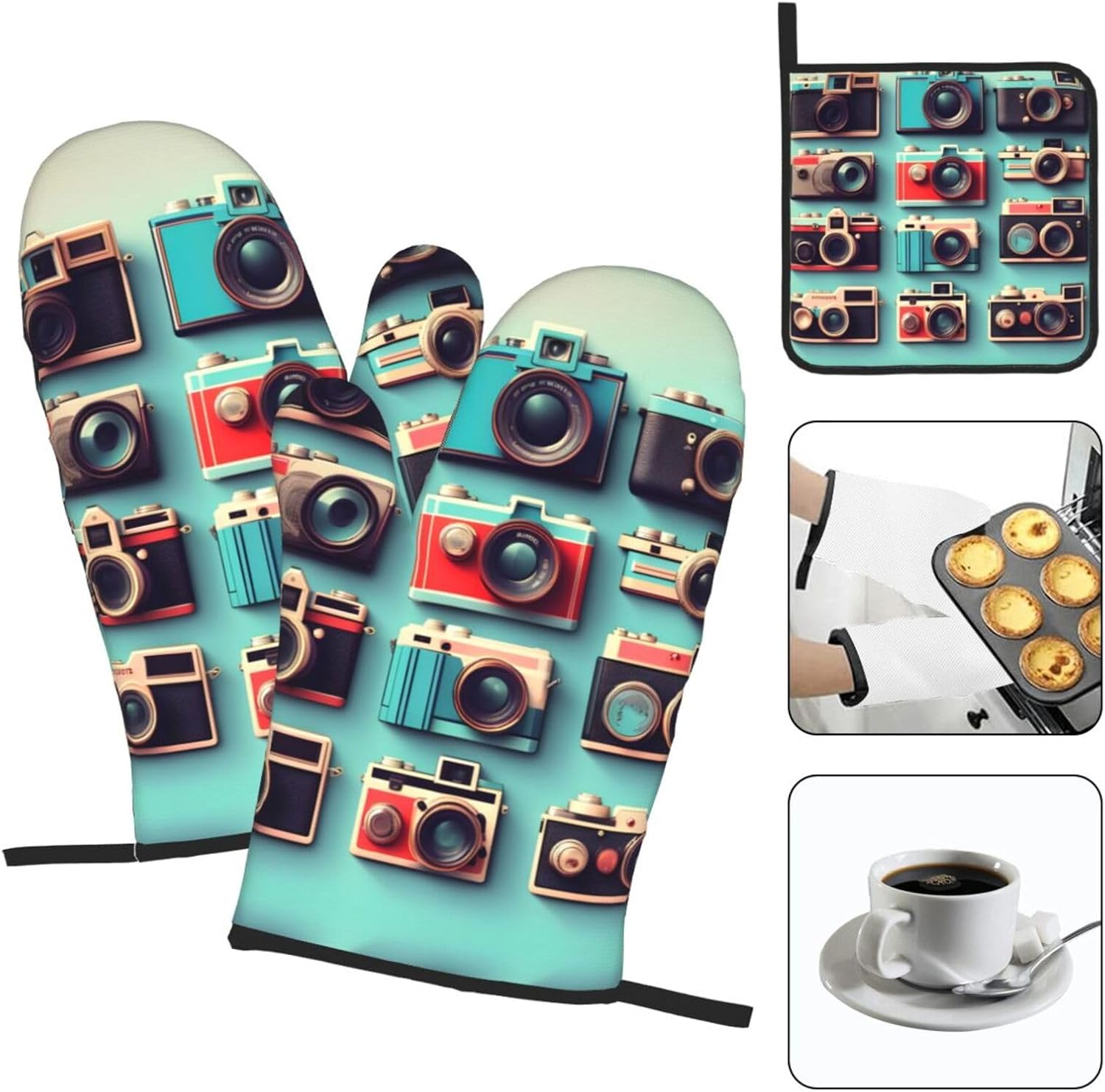 Retro Cool Camera Collection Print Heat Resistant Microwave Gloves, Used for Baking, Cooking, and Fashion Kitchen Essentials