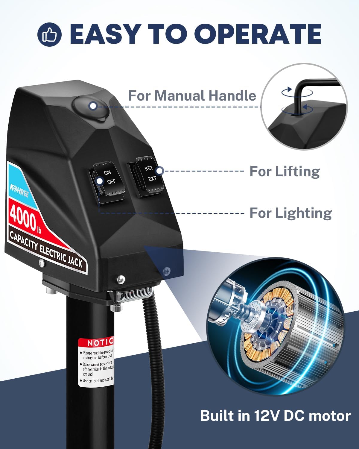 kohree electric trailer jack 4000 lbs with 7-way connector, heavy duty rv electric tongue jack for travel trailer a-frame camper, with manual crank handle & weatherproof jack cover, 22" lift, 12v dc