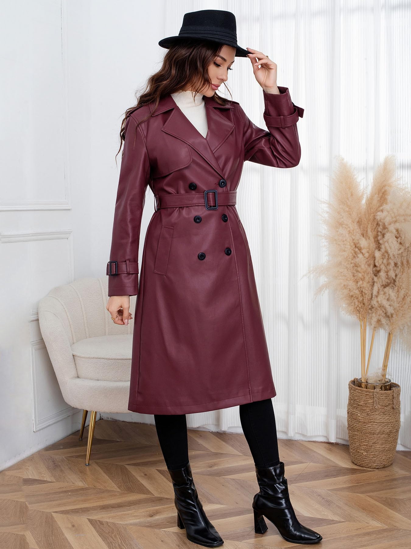 utcoco Damen-Trenchcoat aus Kunstleder, zweireihig, mit Gürtel, hohe Taille, lange PU-Lederjacke, Herbst-Winter-Oberbekleidung
