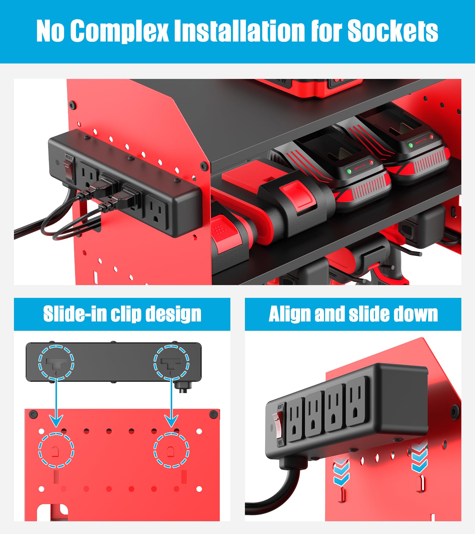 CCCEI Lot de 1 station de charge modulaire pour outils électriques - Support mural pour perceuses et batteries - Organisation de garage, magasin, anniversaire, cadeaux pour homme, père, rouge