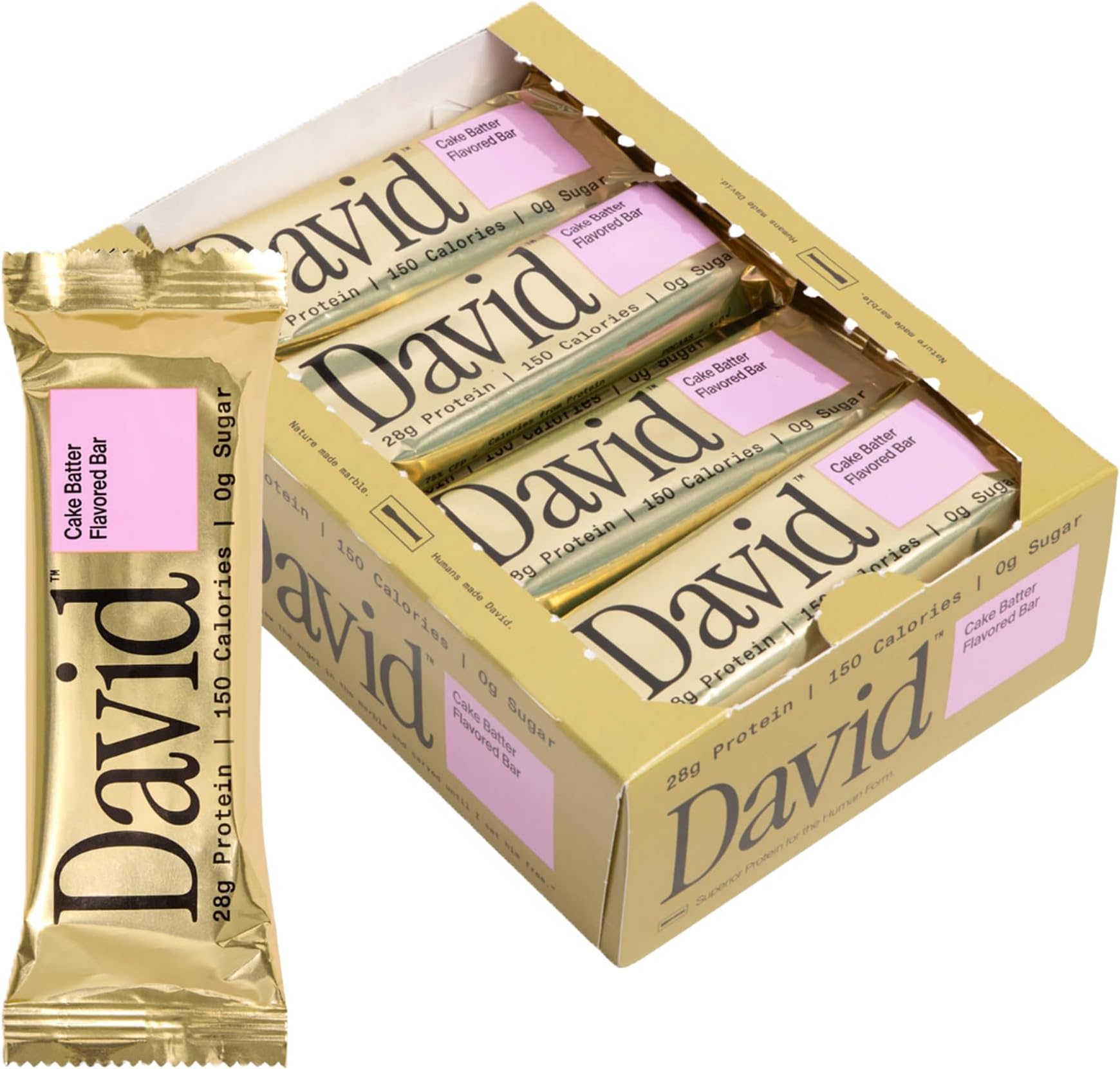 High Protein Bars No Sugar - Sugar Free Protein Bars, Low Carb, Gluten Free - 28g of Protein, 150 Calories - David Bar On-The-Go Snack - Cake Batter Flavor, Pack of 12