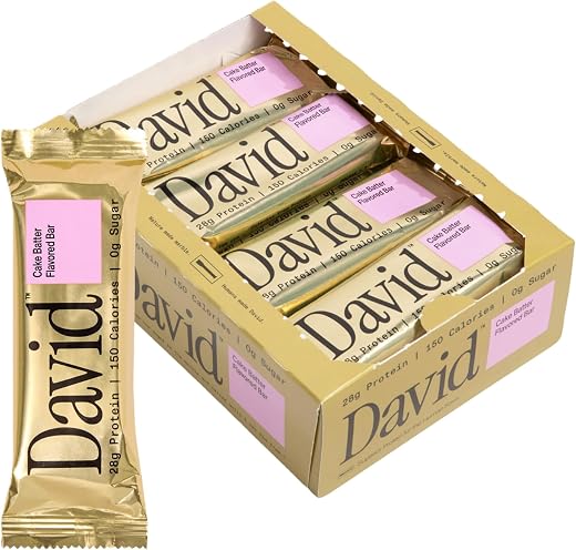 David High Protein Bars No Sugar - Sugar Free Protein Bars, Low Carb, Gluten Free - 28g of Protein, 150 Calories - David Bar On-The-Go Snack - Cake Batter Flavor, Pack of 12