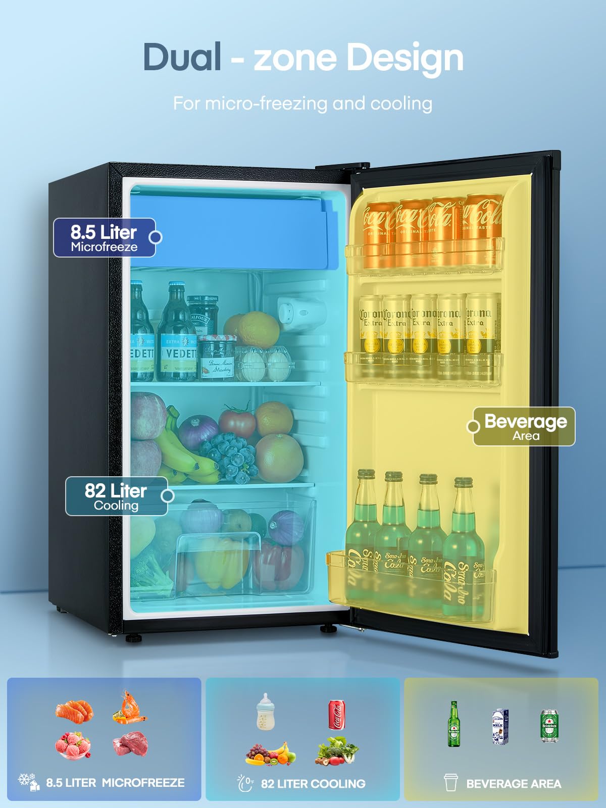 FOHERE Kühlschrank mit Gefrierfach 90L | Kühlschrank Klein mit Obst- und Gemüsefach | 7 Einstellbare Temperaturregelung | 84kWh/Jahr | Türanschlag wechselbar | Verstellbare Füße | Schwarz