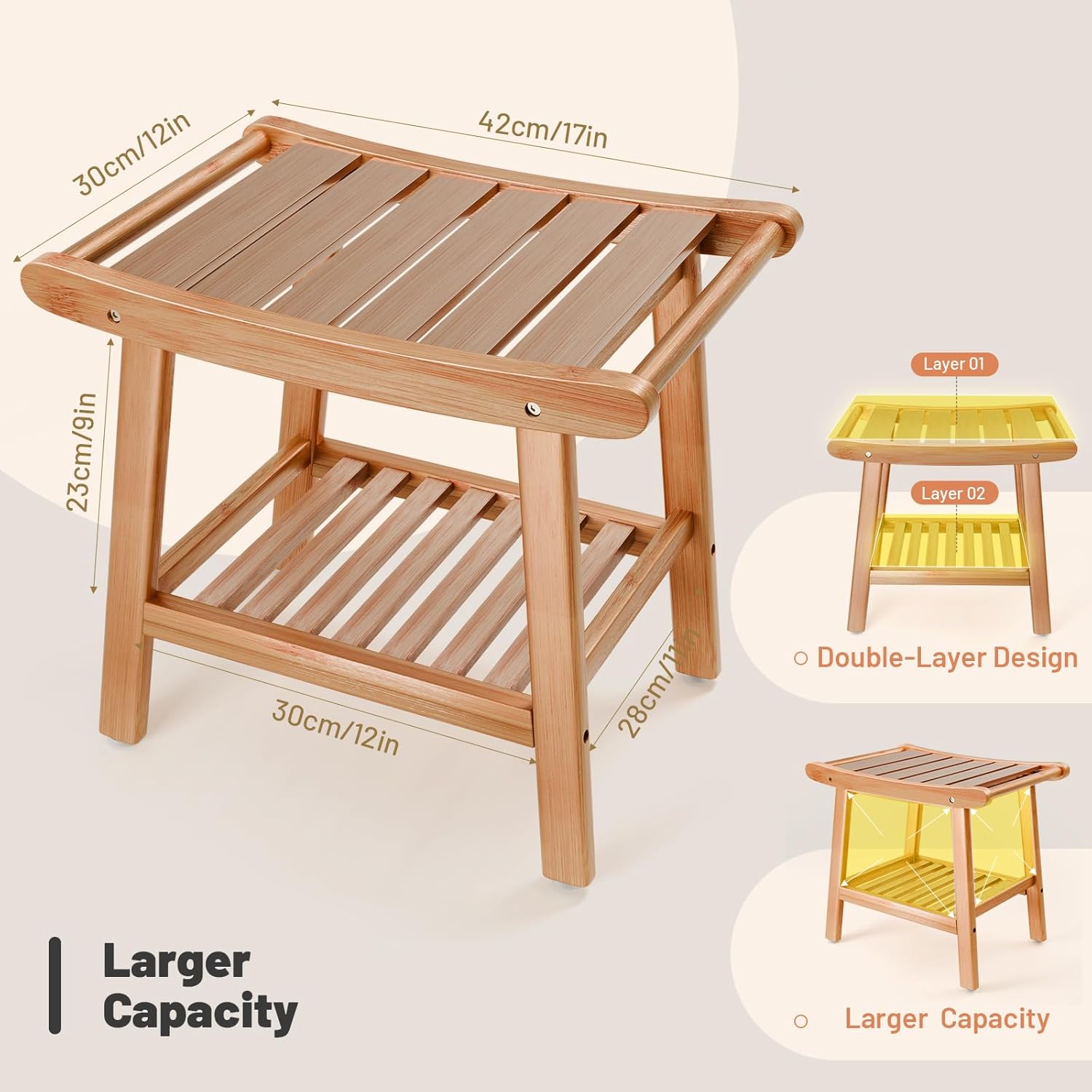 Bamboo Shower Bench for Inside Shower to Sit on,Waterproof Shower Stool for Shaving Legs,Spa Bathroom Shower Chair with Storage Shelf, Bathroom Bench Seat for Senior Adult Disabled Elderly Natural Bamboo Large