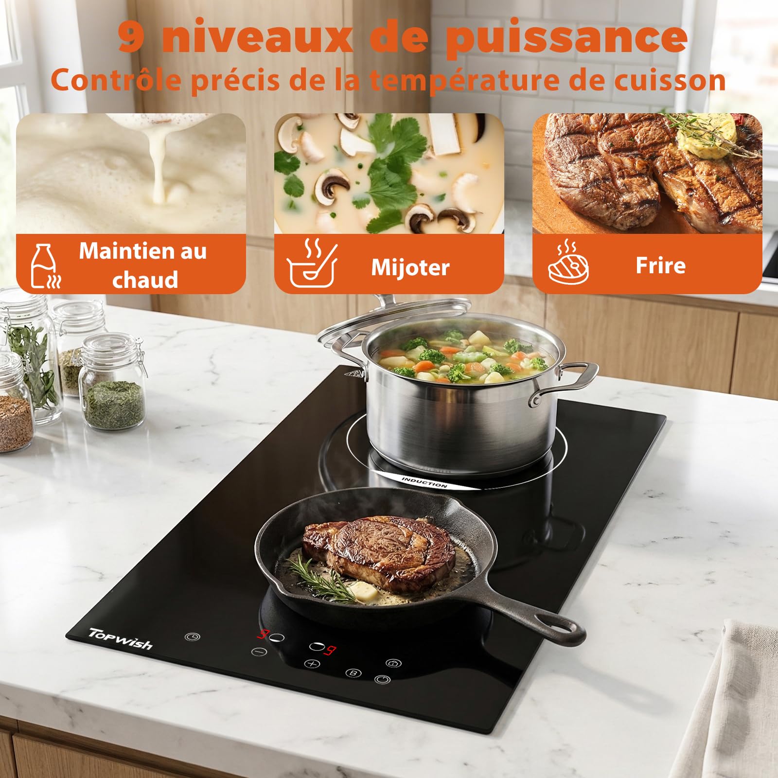 Topwish plaque induction 2 feux, plaque de cuisson induction 2 feux, plaque de cuisson electrique 30cm con verrou de sécurité, funzione Boost, voyant de surface chaude, protection d'extinction, 3500W