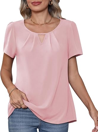 Womens Tops Short Sleeve Summer Womens Blouses Chiffon T Shirts | Pleated Round Neck Casual Elegant Ladies Tops Loose Flowy Shirts Blouse Work Business and Going Out,S-2XL
