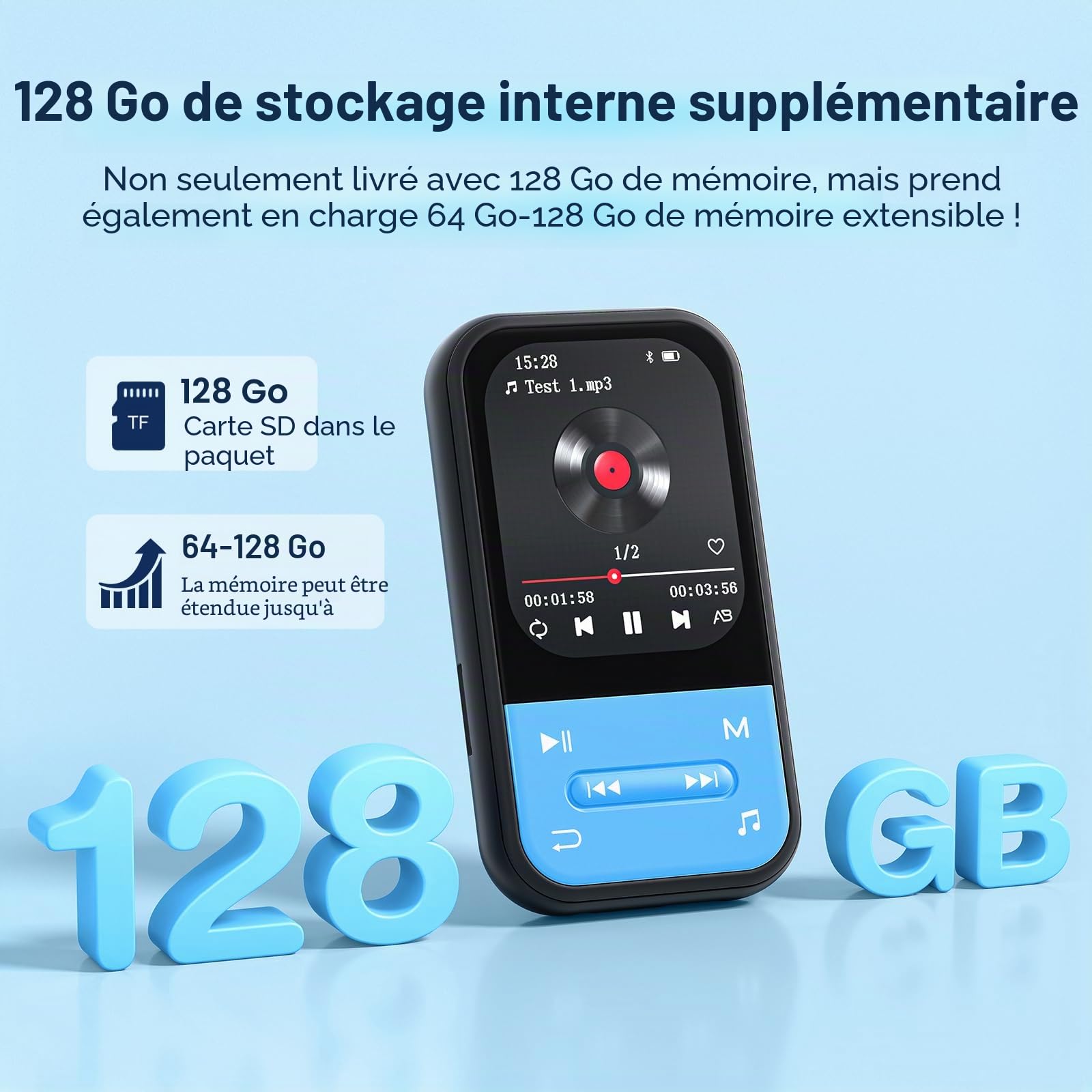Lecteur MP3 64 Go - Lecteur MP3 Clip avec Bluetooth 5.3, Lecteur de Musique Portable avec Radio FM, enregistreur Vocal, podomètre, Design Mini idéal pour Le Sport, écouteurs Inclus (Bleu)